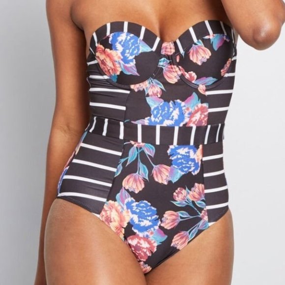 New ModCloth Black Floral Swimsuit - Picture 3 of 6